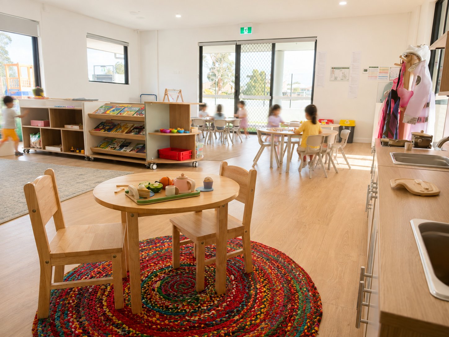 A bright Campbelltown learning room with a timber play table, book shelving and children at activity tables